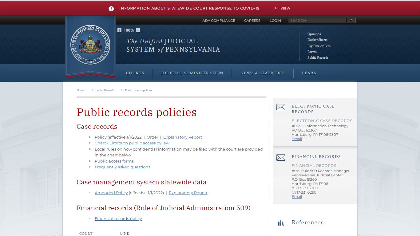 Public records policies - Unified Judicial System of Pennsylvania